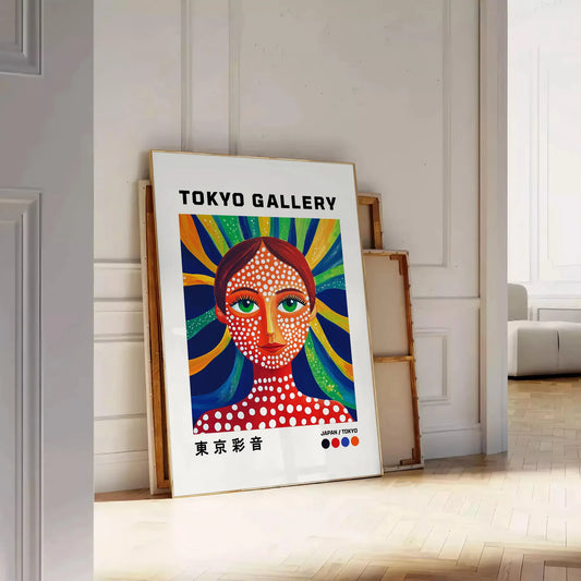 captivating Woman Yayoi Kusama 5 poster bold red blue hues contemporary art life artistic piece creativity inspiration perfect space sizes A4 cm A0