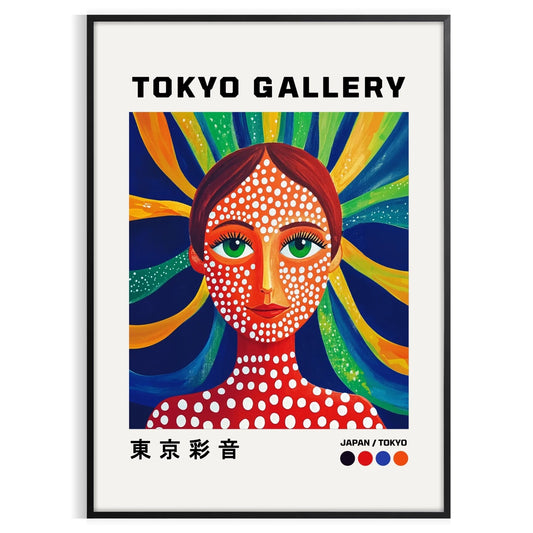 captivating Woman Yayoi Kusama 4 poster stunning blend red blue hues artwork iconic vibrant style perfect art enthusiasts collectors unframed edition space